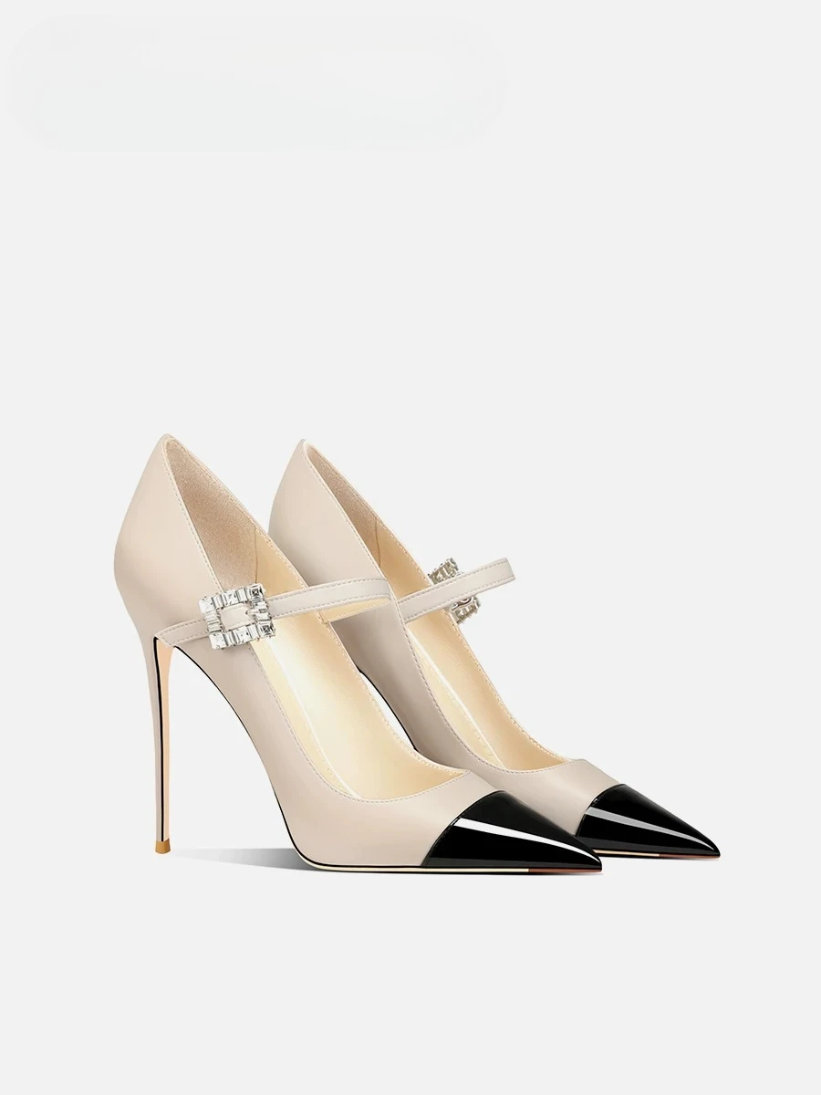 Off white single button high heels for women, new French pointed slim heels, Mary Jane shallow single shoes