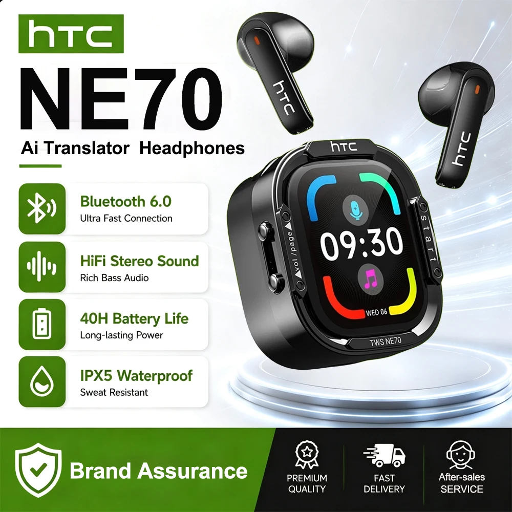Écouteurs sans fil Bluetooth HTC NE70 à écran tactile TWS intra-auriculaires avec traduction IA, réduction du bruit et micro pour jeux