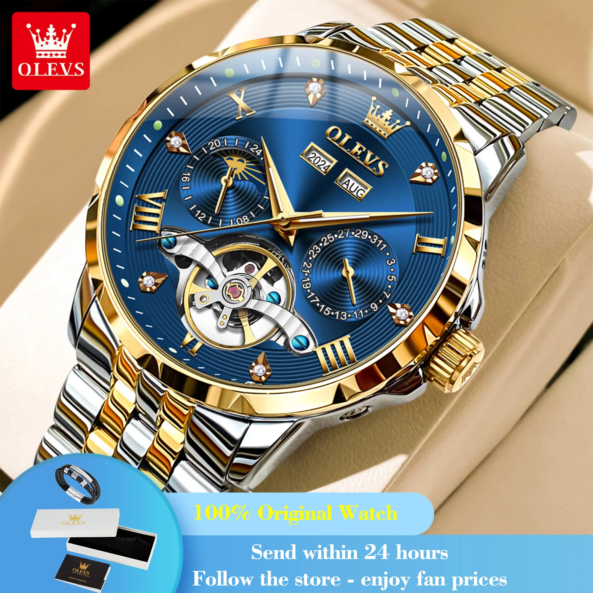 

OLEVS 6691 Watch For Men Stainless Steel Moonswatch Auto Date Mechanical Wristwatch Hollow Waterproof Luminous Luxury Man Watch