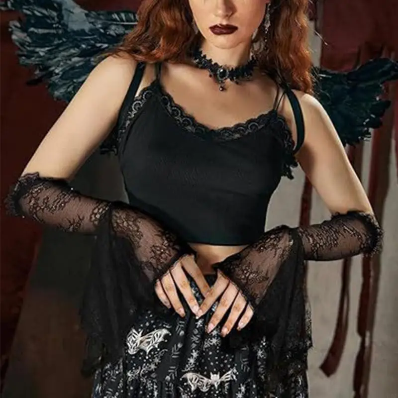 

Y3NE Long Lace Gloves Witch Costume Accessory With Elastic Cuffs Gothic Evening Wear
