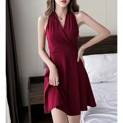 Women's Summer Fashion Fashion Simplicity Solid Color V-neck Sleeveless A-line Skirt Women Clothes Temperament Elegant Dress