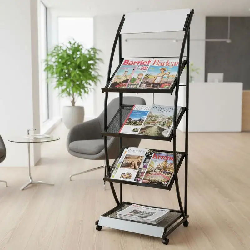 Porte-revues noir et blanc 47x40x134 cm format A4, structure en acier MDF, quatre étagères, quatre roulettes dont deux avec freins, panneau supérieur personnalisable, mobile, montage facile, pour bureau, salle d'attente, salon, présentation de brochures et magazines