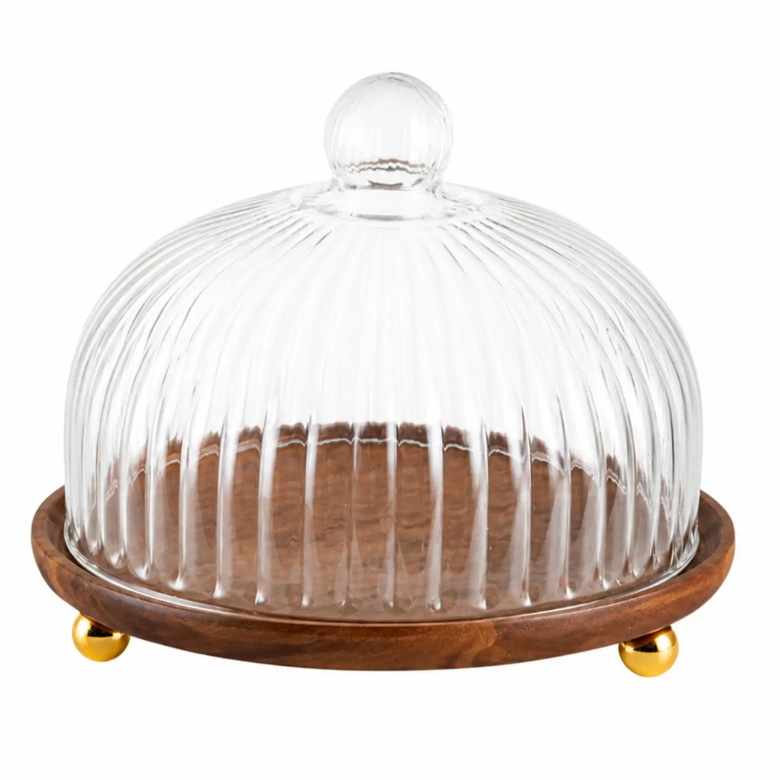 Round Wooden Serving Tray with Clear Ribbed Dome Dust-Safeguarded Single-Tier Dessert Display Tray with Raised Base Freestanding