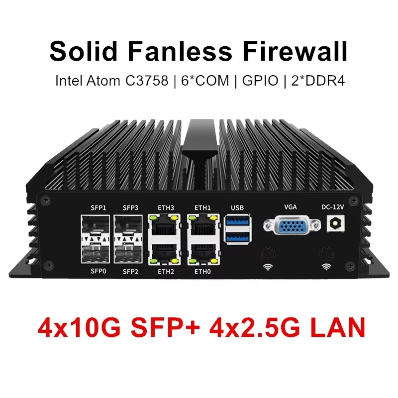 Solidny bezwentylatorowy mini PC Firewall 4x10G SFP+ 4xi226-V 2.5G LAN Intel Atom C3758 8-rdzeniowy serwer domowy Soft Router GPIO 6*COM AES-NI