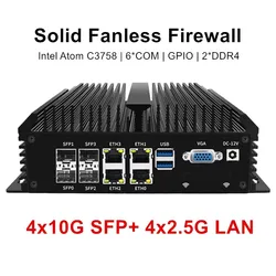 Solidny bezwentylatorowy mini PC Firewall 4x10G SFP+ 4xi226-V 2.5G LAN Intel Atom C3758 8-rdzeniowy serwer domowy Soft Router GPIO 6*COM AES-NI