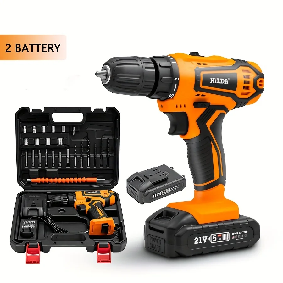 HILDA 21V Electric Drill Screwdriver Rechargeable Power Tools 25+1 Torque with 2 Batteries Multi Functional Drill