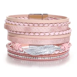 ALLYES Vintage Leaf Feather Multilayer Leather Bracelet Men Fashion Braided Handmade Rope Wrap Bracelets Female Jewelry