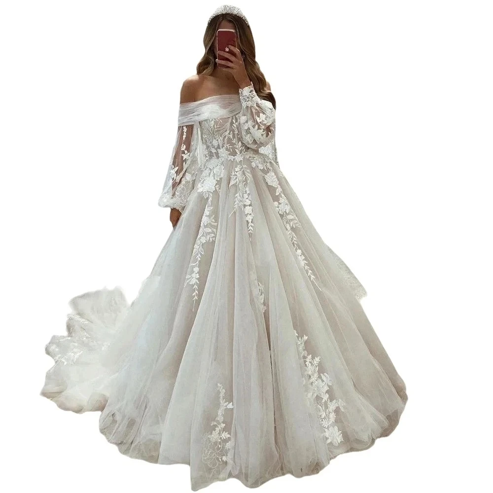 

2025 New Boho Wedding Dress Off the Shoulder Lace Appliques Long Puffy Sleeves A Line Tulle Bride Brida Grown Vestidos De Noiva