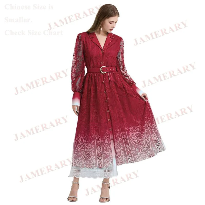 エレガントな秋のロングスリーブ花柄マキシドレスシャツ、女性用、透かし彫り刺繍レースドレス、パーティーブランド