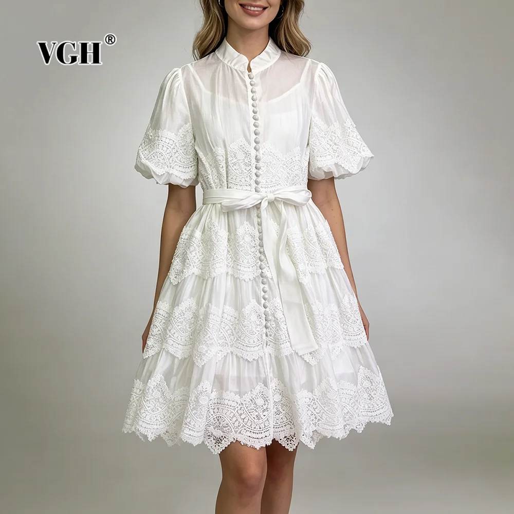 

VGH White Wedding Guest Spliced Lace Tiered Mini Dresses for Women Stand Collar Short Sleeve Slimming Skirt for Romantic Dates