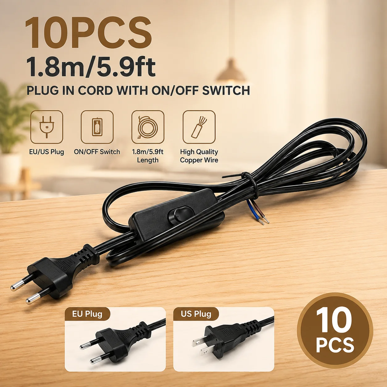 JOYINLED 10PCS 1.8M EU/US Plug Electricity Wire LED ON OFF Switch Cable Light Modulator Lamp Line Extension Cord for Table Lamp