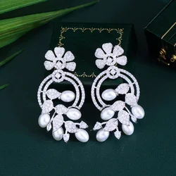 CWWZircons Glamorous Cubic Zirconia Pave Leaf Flower Drop Dangle Pearl Big Long Wedding Banquet Pageant Earrings for Women CZ677