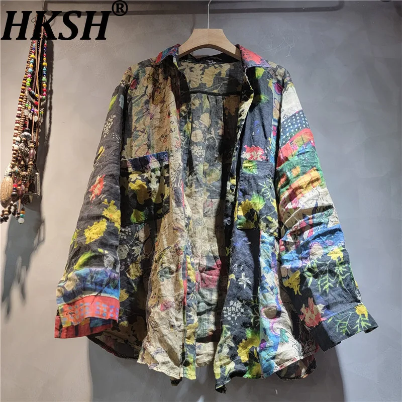 

HKSH Women Shirt Printed Long Sleeves Turn-down Collar Pockets Vintage Retro Streetwear Hip Hop Casual Top Spring Summer HK21914