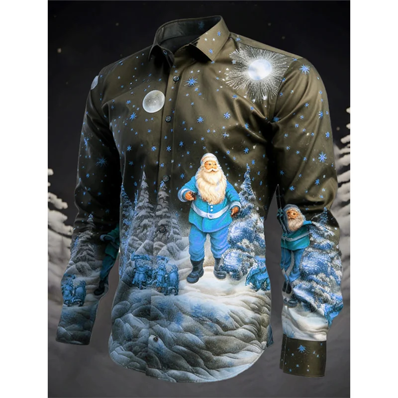 

3D Printed Christmas Decorations Hawaiian Shirts Men Santa Claus Horse Pattern Aloha Shirts Loose Long Sleeve Lapel Tops Blouse