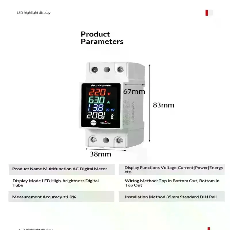 Digital Energy Meter Din Rail Electricity Usage Monitor AC30-400V Voltmeter Ammeter Watt Kwh Frequency Power Meter