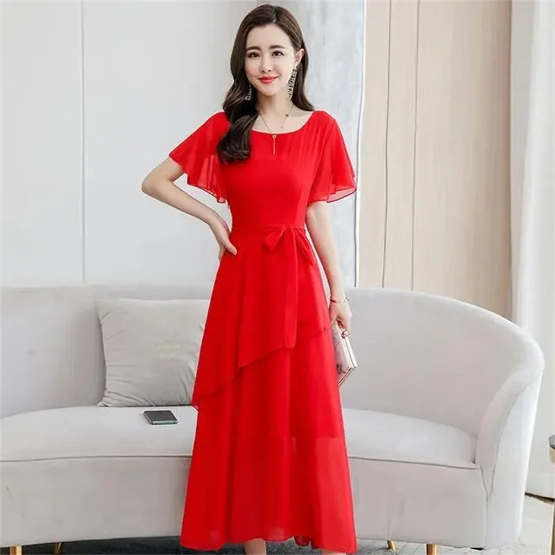 Summer Vintage Dresses Elegant Women Bodycon Party Evening Dress Vestidos 2024 New Solid Casual Chiffon Boho Beach Maxi Dress