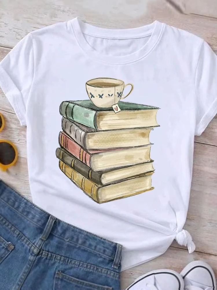 

Graphic Book Coffee Trend New 90s Clothing Summer Short Sleeve Women Print Casual Fashion Clothes Tee T-shirt Female Top Y2k