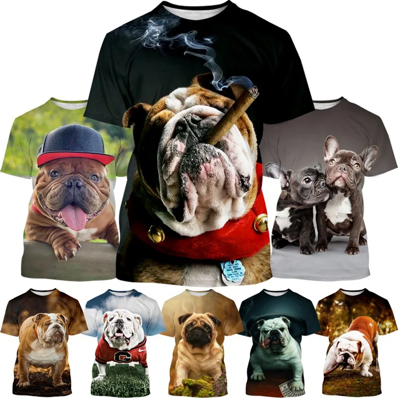 

New Trend 3D Printing Cute Pet Bulldog T-shirt Casual Cute Personality T-shirt Unisex Round Neck Top T-shirt