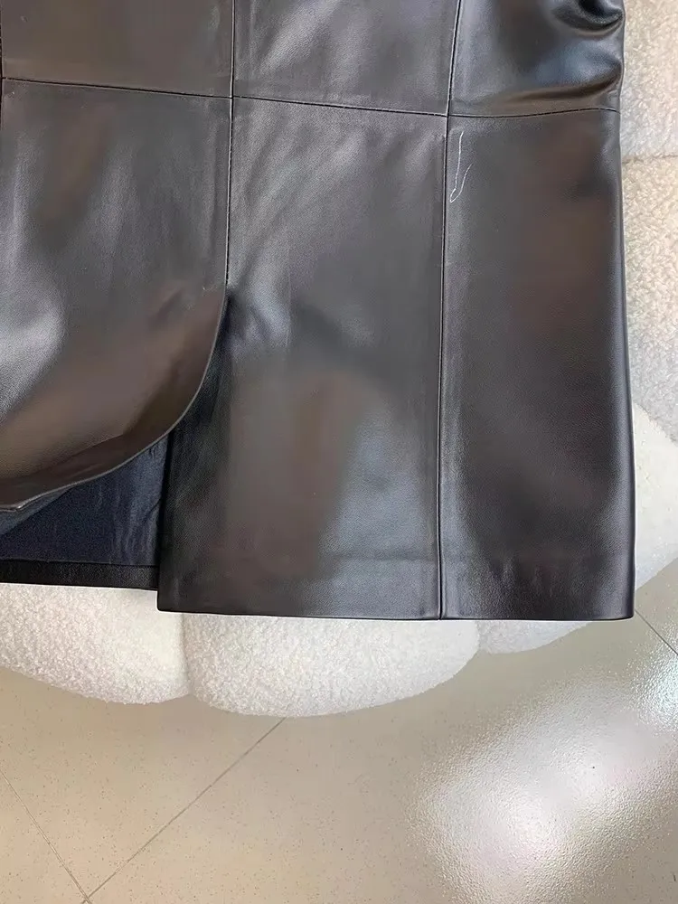 جديد إمرأة جلد الغنم سترة جلدية حقيقية سترة مزدوجة الصدر سليم صالح عالية الخصر متوسطة طويلة مكتب سيدة الموضة صدرية #6