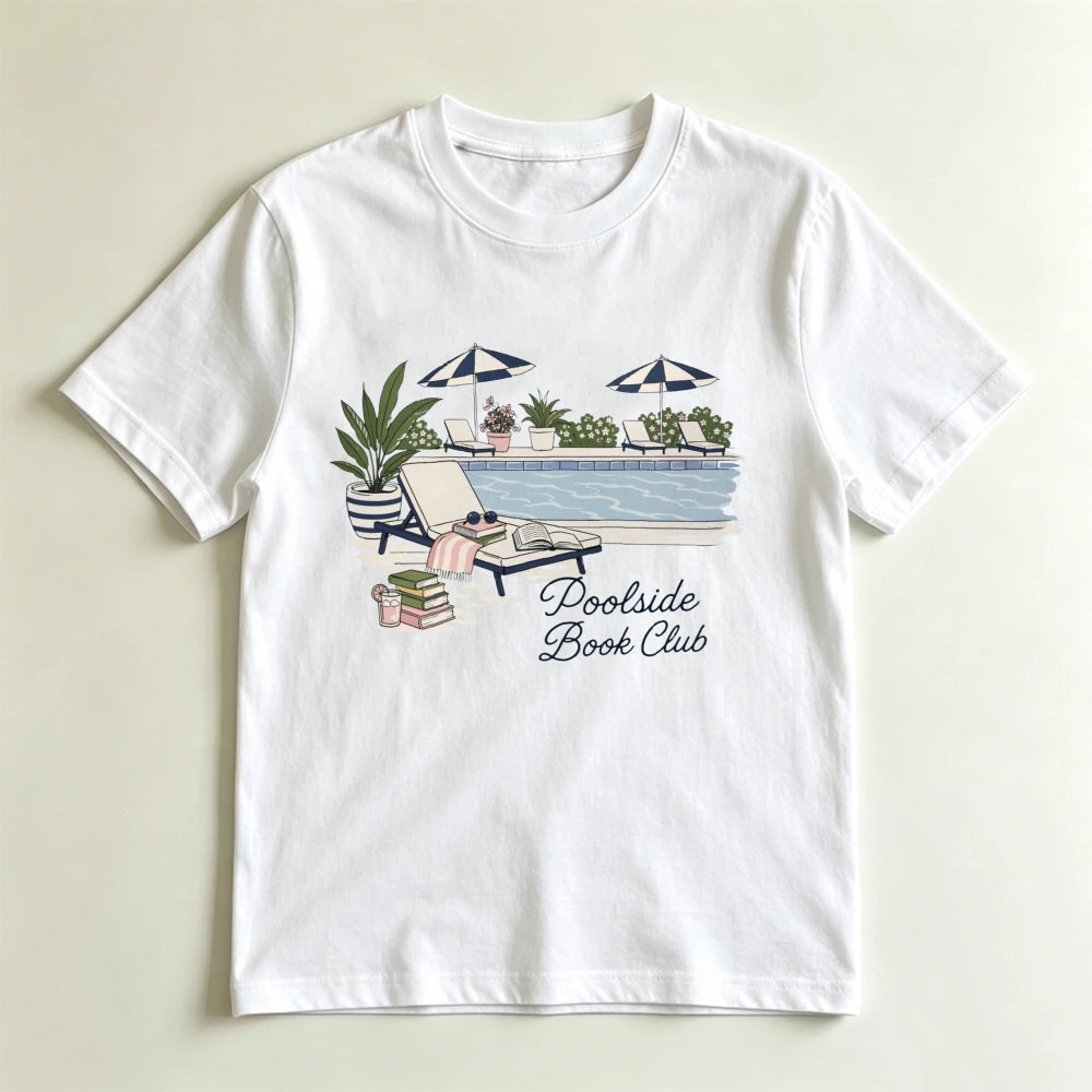Poolside Book Club Graphic T Shirt Men Women Crew Neck Short Sleeve White Soft Cotton Retro Pool Reading Book Print Tees