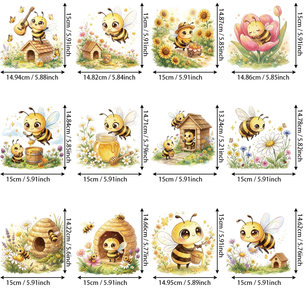 12 watercolor bee heat transfer vinyls, guitar honey hive patterns, wash & friction resistant for hoodies & fabric boxes