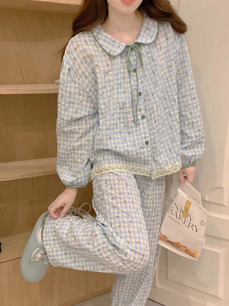 

Sweet Doll Collar Long Sve Long Pants Home Clothes Set Light Weight Floral Plaid Women's Spwear Fre Sle Cotton Mate...