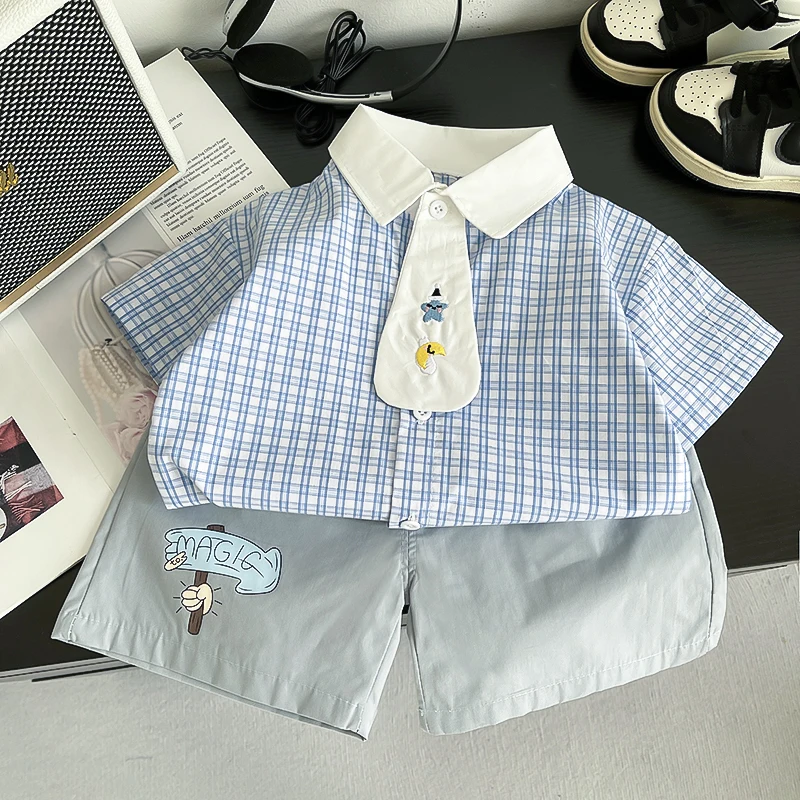 NUEVO Conjunto de Ropa de Verano para Bebés Niños, Camiseta Polo con Cuadros y Pantalones Cortos, 2 Piezas, Traje de Moda para Niños Pequeños de 1 a 5 Años