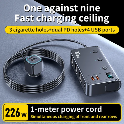 Imagen 2 del producto Divisor de encendedor de cigarrillos 9 en 1, adaptador de cargador de coche de 226W con Cable de carga PD/QC 3,0 de 3,3 pies, interruptores independientes de 12V/24V