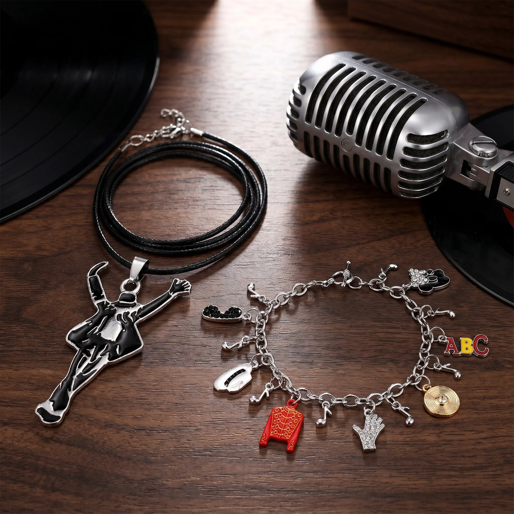 Michael Jackson Jewelry Set King Of Pop MJ Dancing Figure Pendant Necklace Multi Charms Bracelet Music Fan Memorial Gift Rock Pu view 4