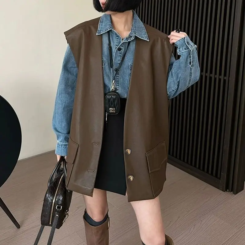 

Vest women's 2026 autumn new fashion casual Hong Kong style solid color PU leather V-neck versatile medium and long thin vest