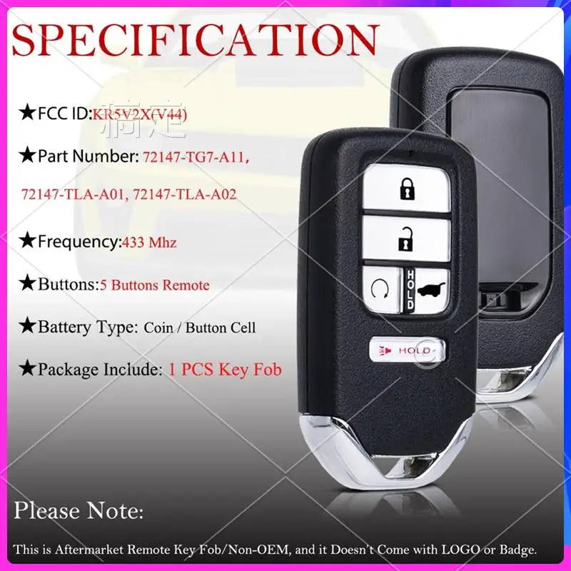 

NEW-Car Key Fob Keyless Entry Remote Control KR5V2X For Honda Civic CRV Pilot 72147-TG7-A11 72147-TLA-A01 433Mhz ID47 Chip