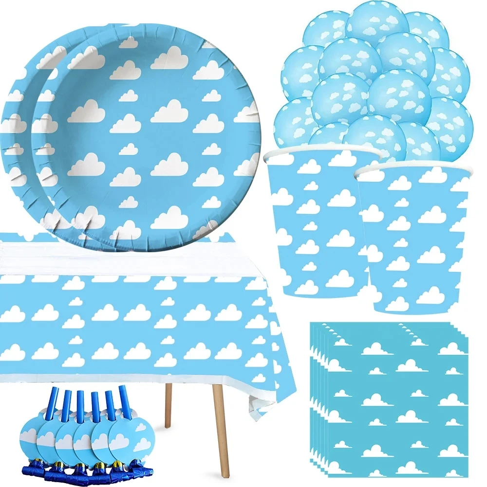 White Cloud Birthday Party Disposable Tableware Balloon decor Blue Sky White Cloud Theme cups plates Tablecloth Party Supplies