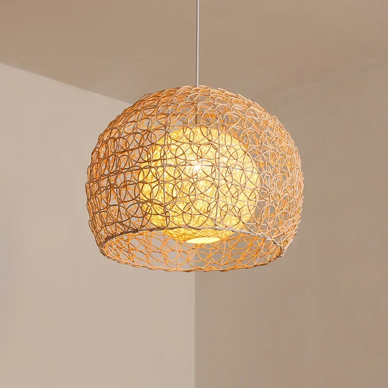 Japanese Style Rural Rattan Woven Chandelier Simple and Creative Personalized Bedroom Living Room Circular Hemp Ball LED Lamp