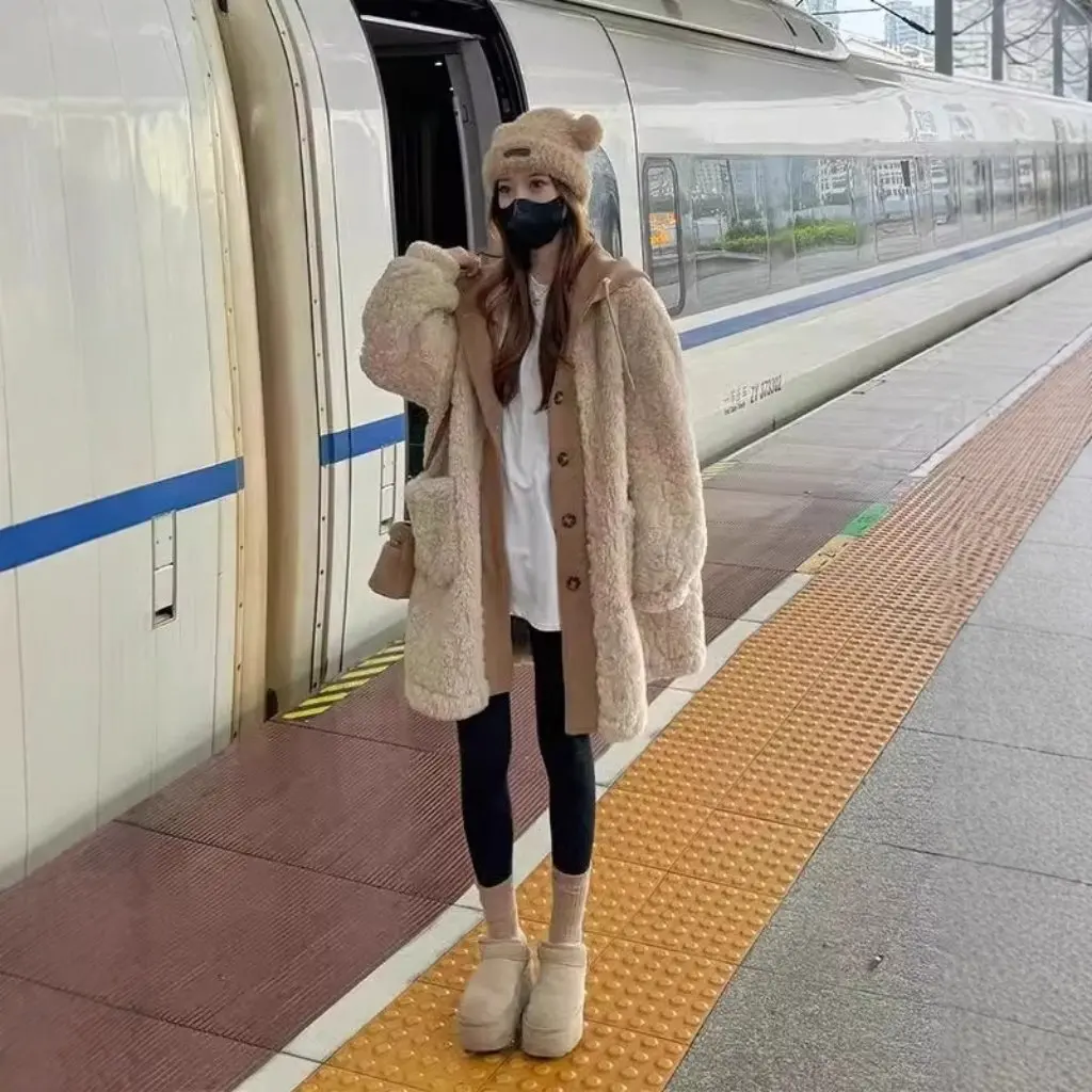 

Korean Style Hooded Mao Jacket Fake Two-Piece Cotton-Padded Lazy Style Winter Outerwear Relaxed Fit Casual Coat for Women