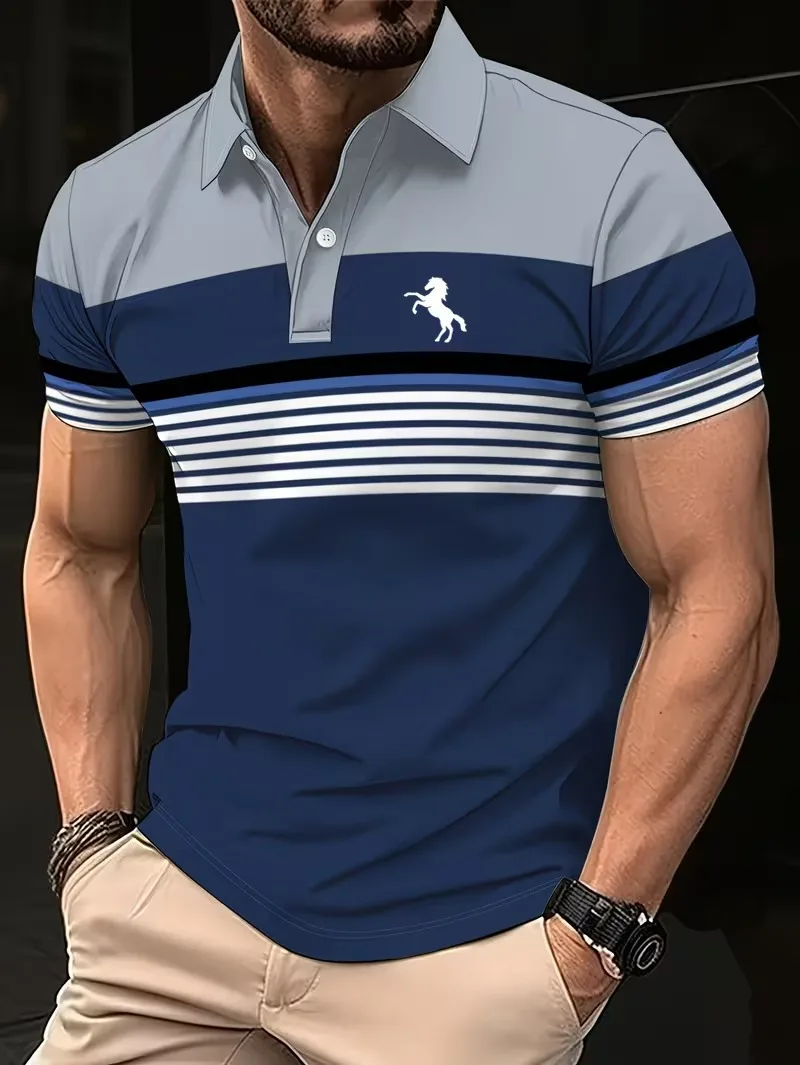 

Color-blocking stripes 3D Digital Print Men's Polo Shirt Summer Short Sleeved Lapel Polo Shirt Men's Business Casual man clothes
