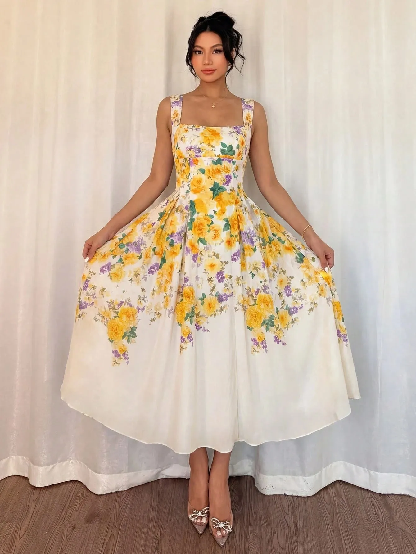 Elegantes Damenkleid mit Blumenmuster und Gürtel, stilvoller, lässiger Maxirock mit Schärpen für den Urlaub – Detail 5