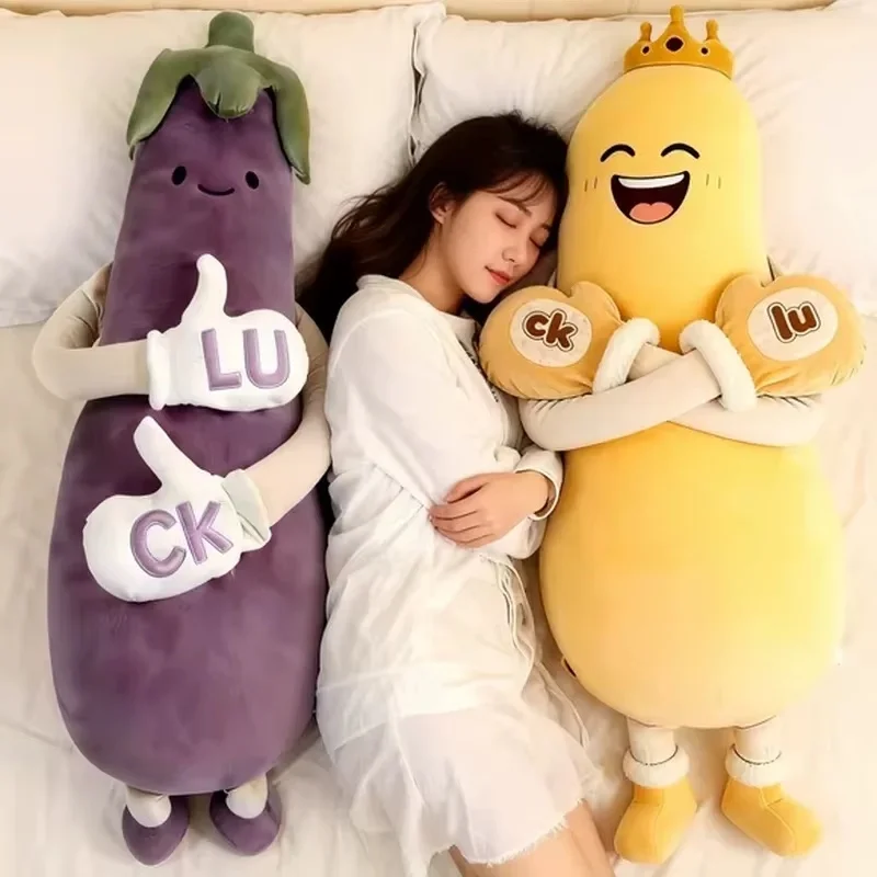 Long Eggplant Plush Pillow Creative LUCK Gesture Stuffed Doll Soft Plush Toy Large Size Sleeping Hug Cushion Home Decor Gift