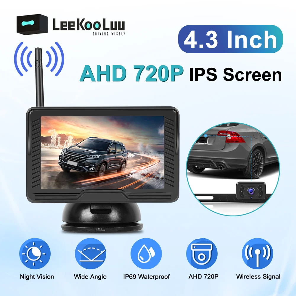 LeeKooLuu 4.3-inch IPS Screen Car Rear Monitor Wireless Reverse Camera IP69 Waterproof Infrared Night Vision Backup Camera