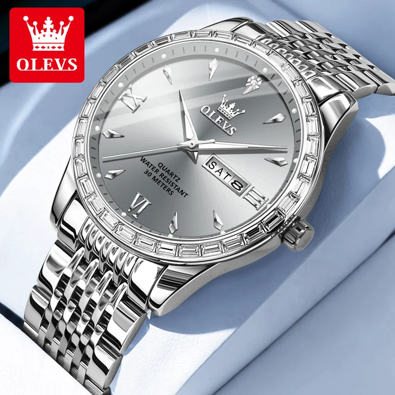 OLEVS 9922 Men Watch Luxury Brand Diamond Quartz Watch Original Dual Calendar Formal Business Waterproof HD Luminous Men Watch