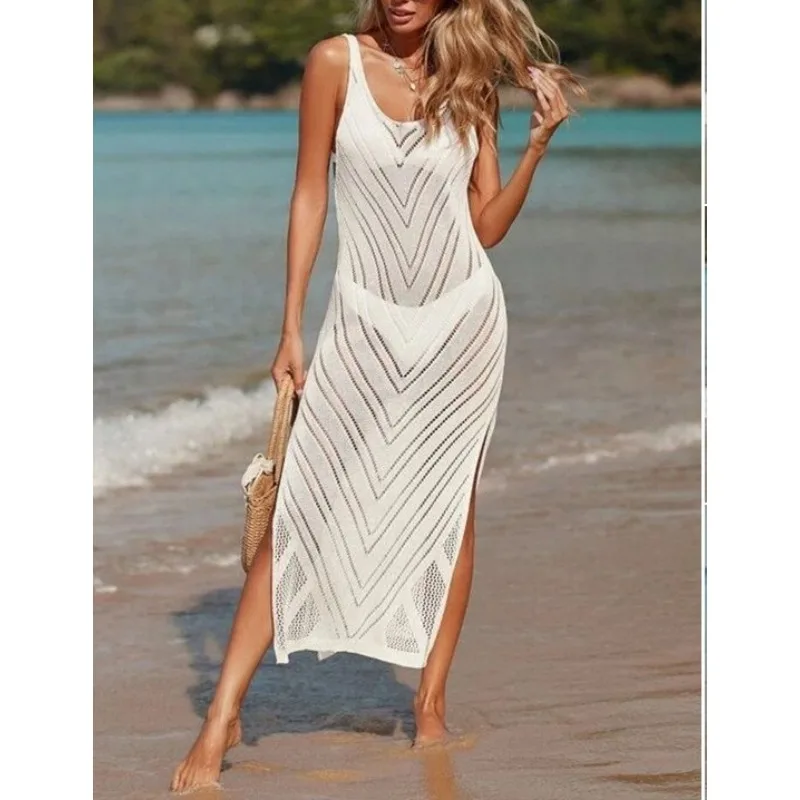 

Женские вязаные свитера, летнее пляжное платье макси, женские сексуальные сетчатые пуловеры с U-образным вырезом, прозрачные повседневные тонкие платья на бретельках