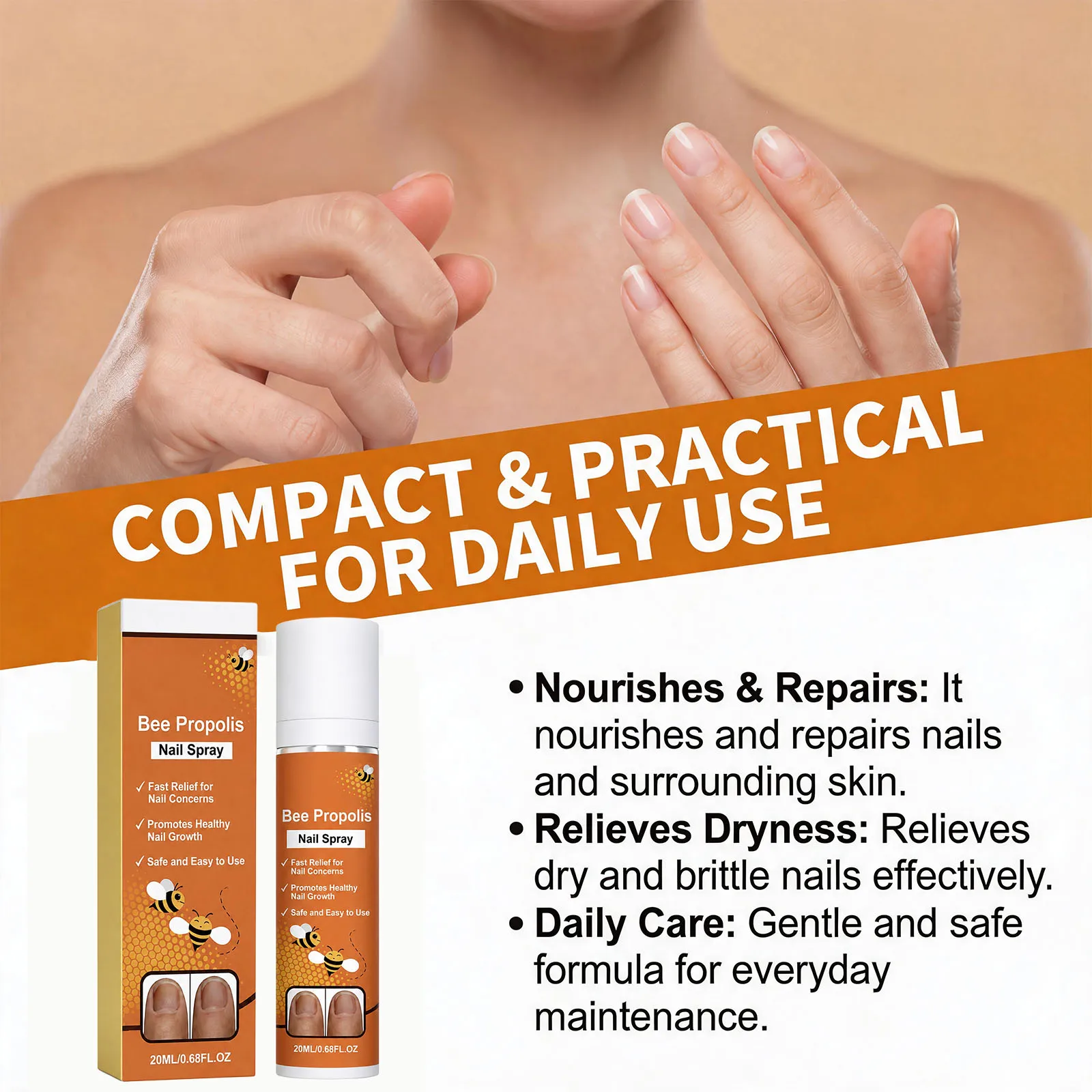 Bee Propolis Nail Care Spray Reduce Fungus Repair Gray Nail Onychomycosis Hand Feet Nail Treatment Cuticle Strengthener Spray