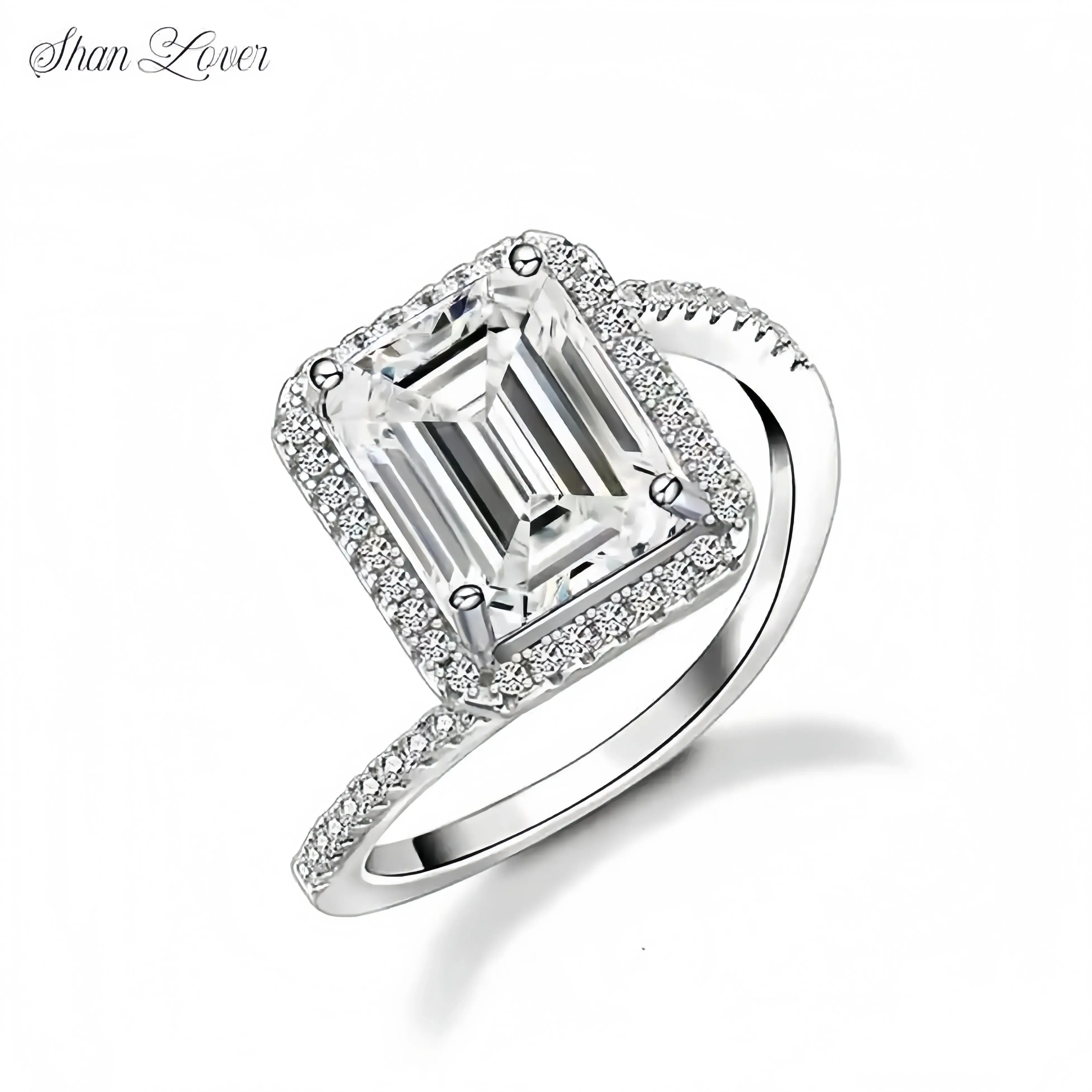 

ShanLover Brand 925 Sterling Silver 4ct Moissanite Diamond Ring for Women CMA Certificate Rectangular Moissan Diamond Rings