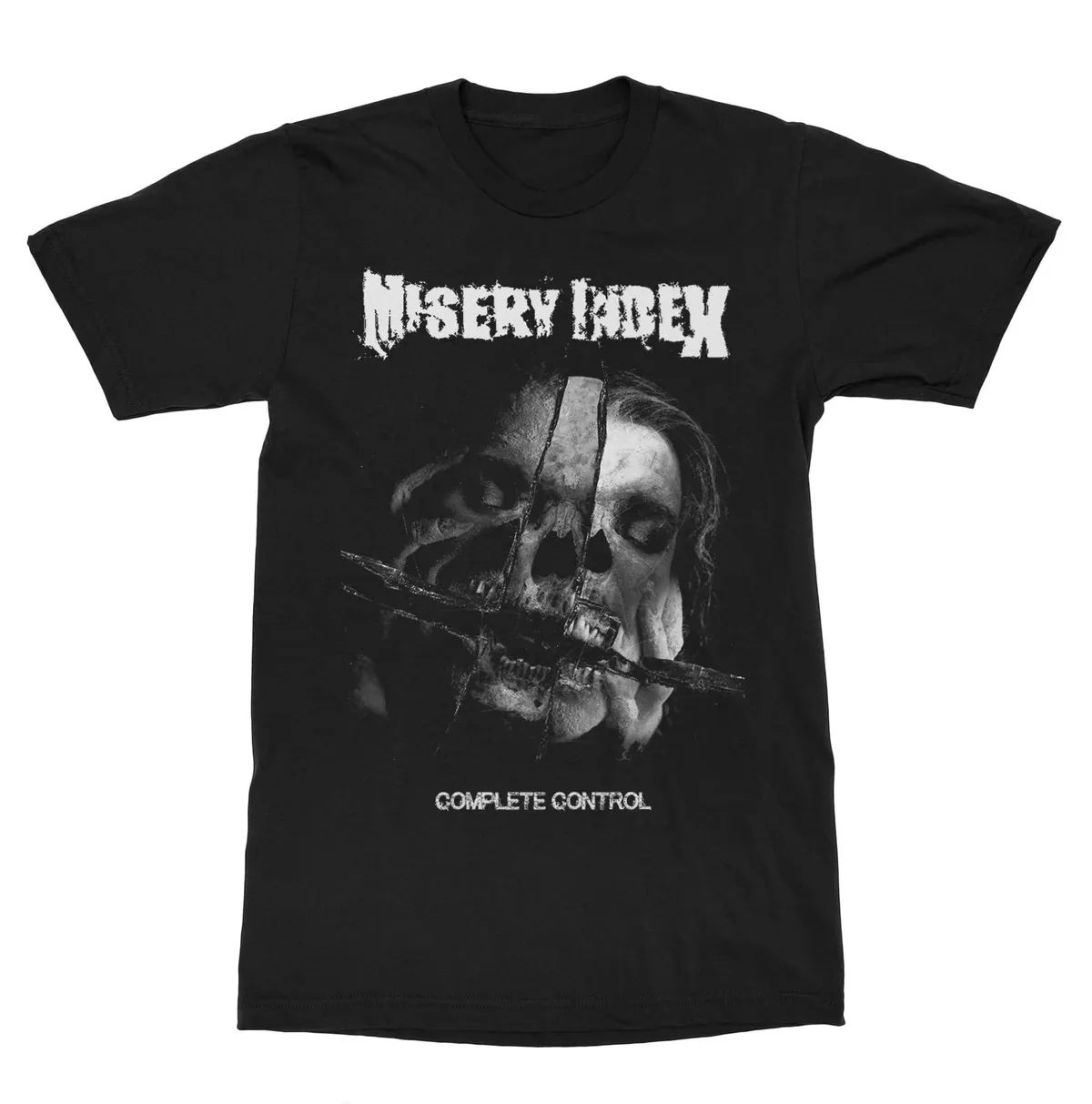 Misery Index Unisex T‑Shirt,bound Skull Composite Portrait Print,Complete Control Themed Death Metal Band Tee for Rock Fans