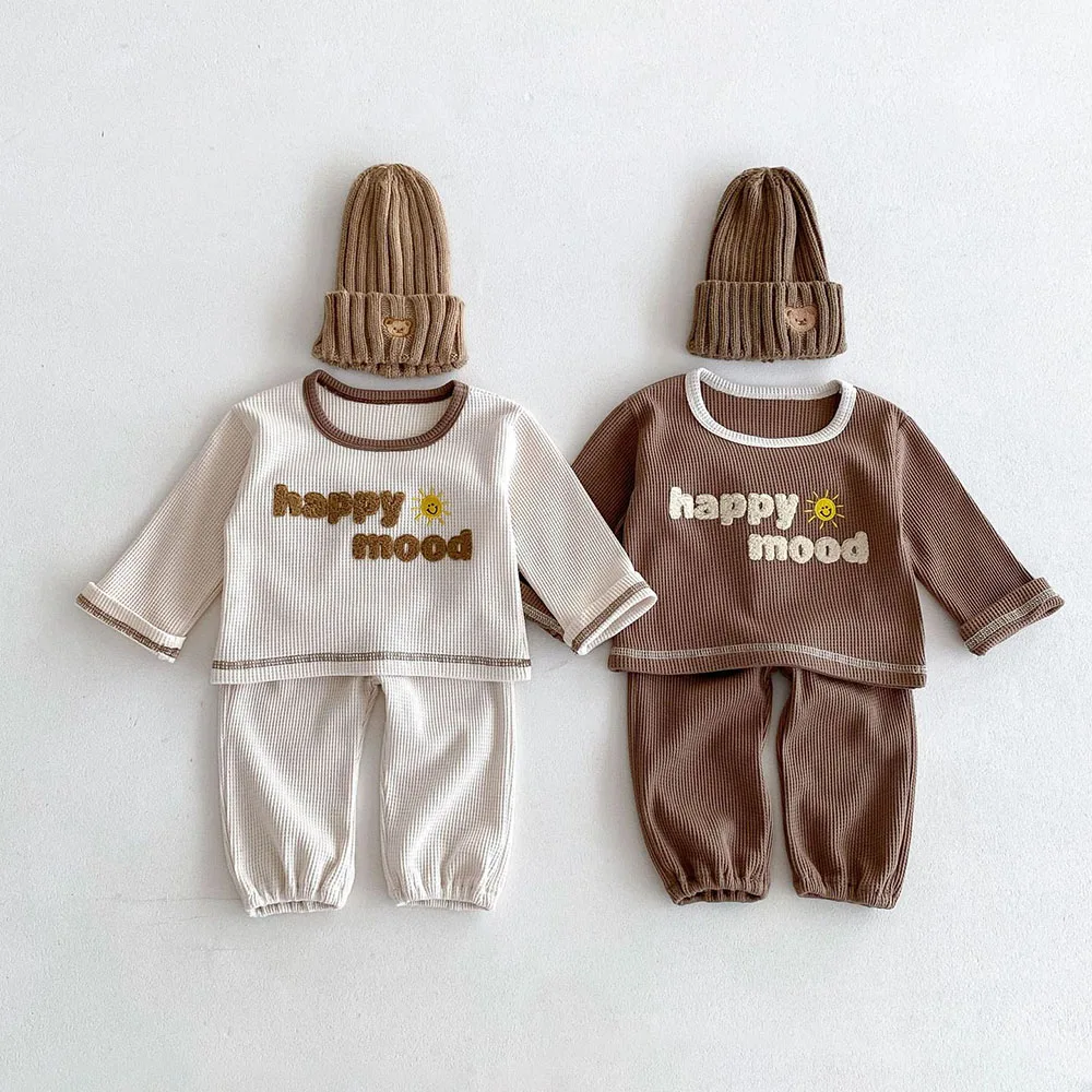 

MILANCEL 2024 Autumn Kid's Clothes Set Boys Waffle Letter Hoodies Suit Unisex Tracksuit Girls' Trendy Sports Pullover+Pants 2Pcs