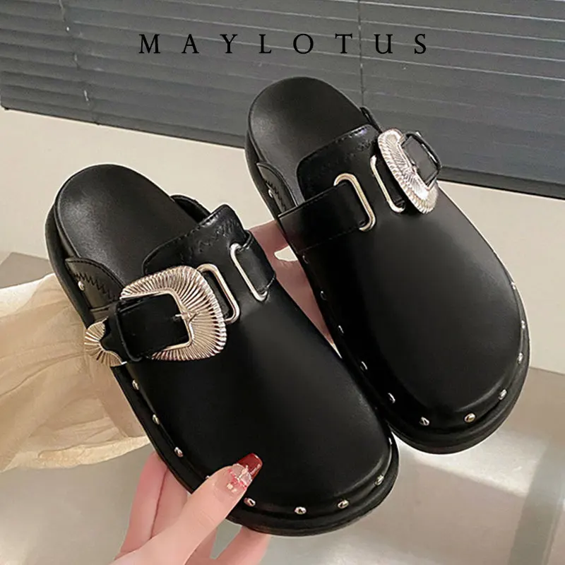 2025 женские тапочки на платформе с заклепками, кожаные сабо в стиле панк-рок, креативная металлическая фурнитура, повседневная обувь для вечеринок, женские уличные шлепанцы