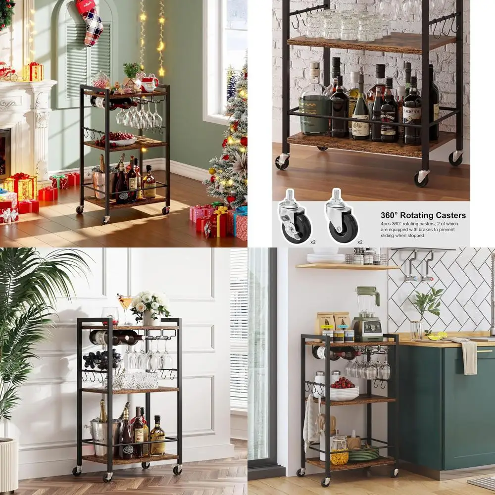 

3-Tier Home Bar Cart with Wine Rack and Glass Holder for Living Room - Brown BC01BB035