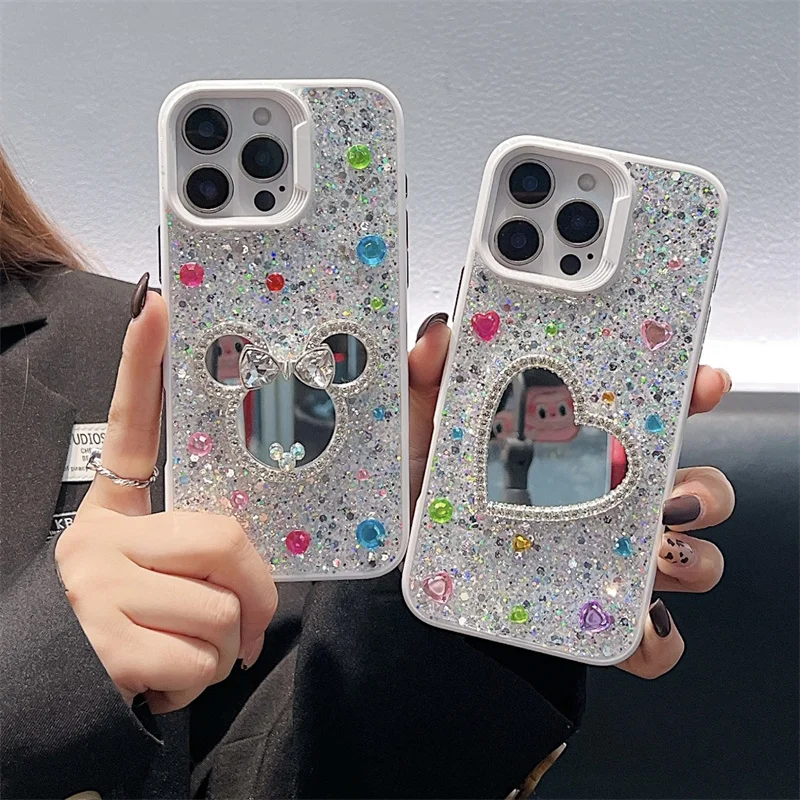 Cute Diamond Bow Mickey Minnie Mirror Bling Glitte Phone Case For iPhone 11 12 13 14 15 16 Pro Max Love Heart Bling Mirror Cover