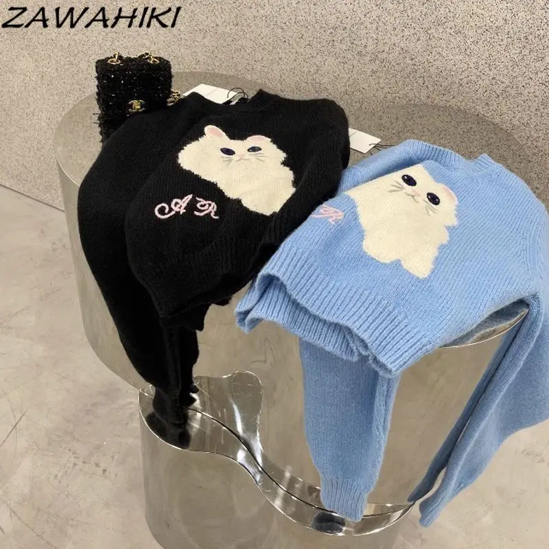 ZAWAHIKI Sueter Mujer Chic Letter Cartoon Cat Spring Fall Loose Knitwear Long Sleeve Fashion Japanese Sweet Chic Sweater Women