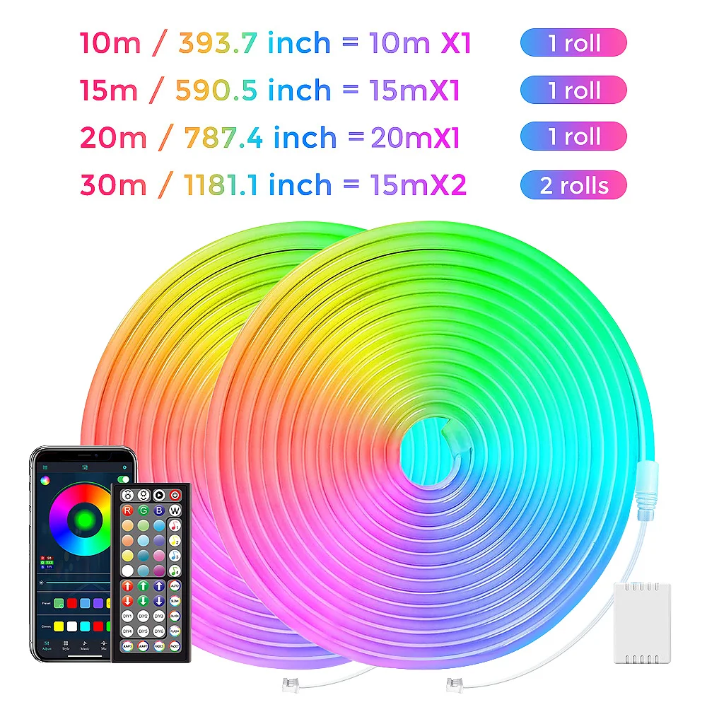 (EU PLUG) LED Neon Strip Light,5-30M Neon Rope With App 44key Remote Control For Home Decor Fairy Lighting