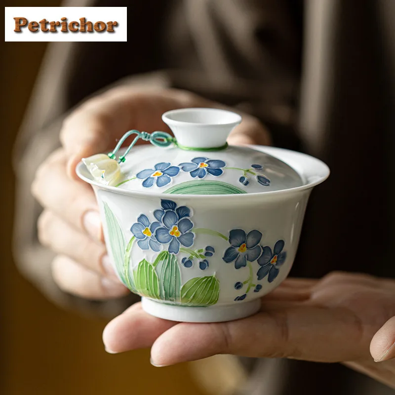 

160ml Hand Drawn Forget-me-not Gaiwan Creative Tea Tureen Tea Bowl With Lid Kit Tea Maker Cover Bowl Tableware Supplies Craft